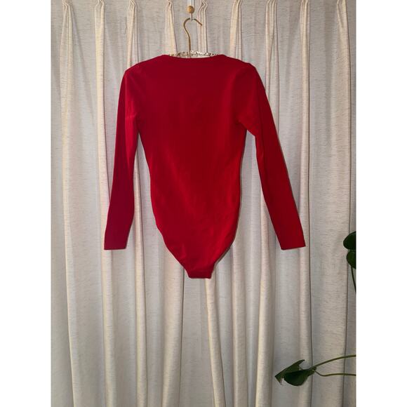 American Apparel Red Bodysuit M Cotton Long Sleeve Ballet Wrap Made USA Holiday - Picture 3 of 11
